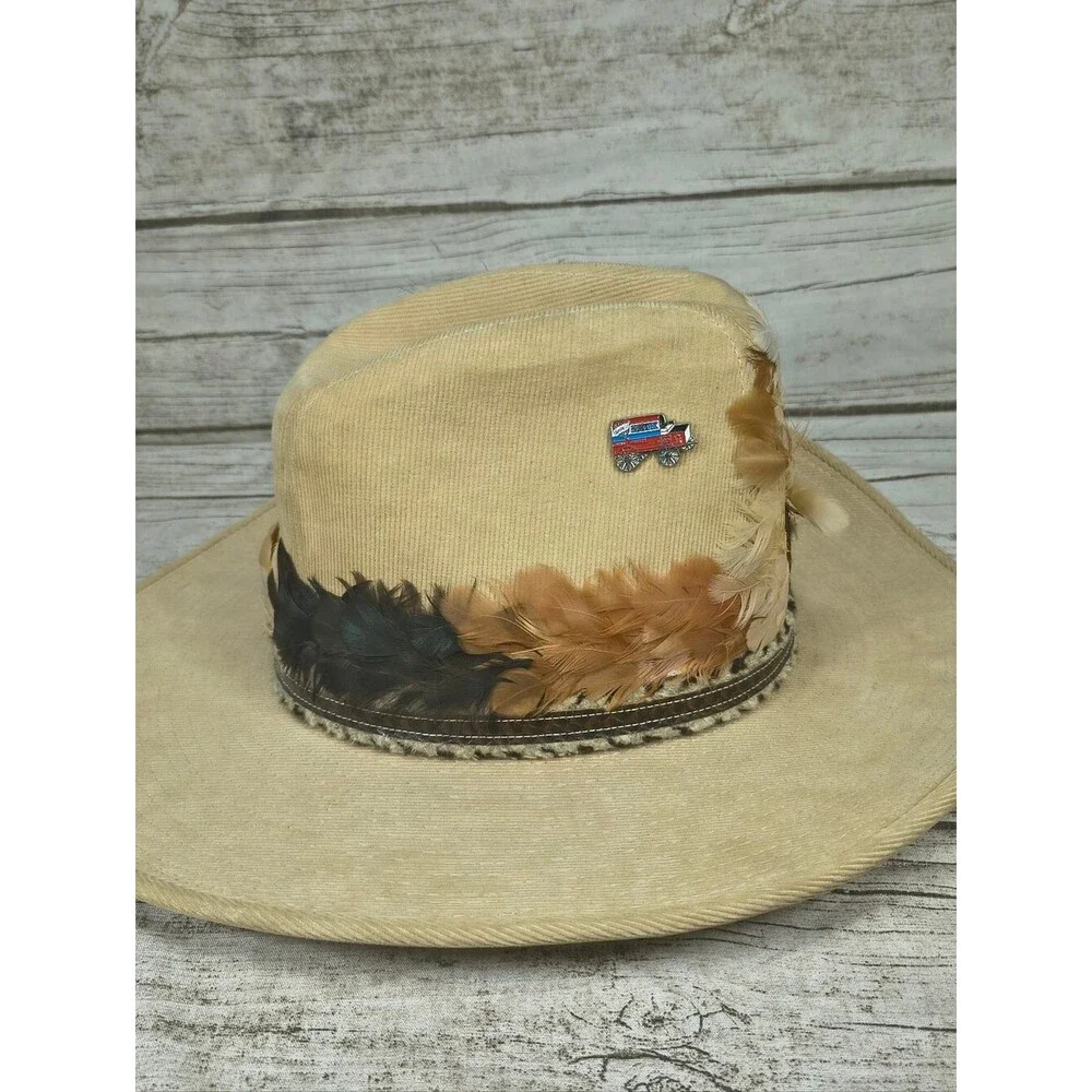 Vintage Lanning Tan Corduroy Feather Cowboy Hat Size Medium